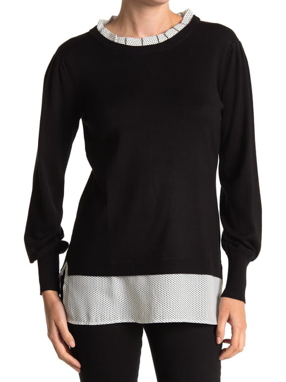 BLACK/IVORY MINI DOT Women's Twofer Ruffle Neck Sweater, L