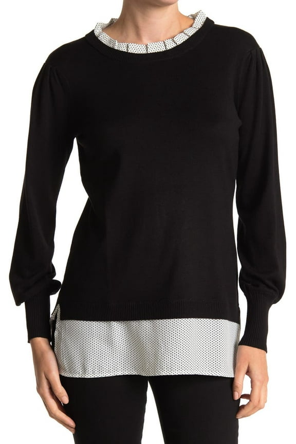 BLACK/IVORY MINI DOT Women's Twofer Ruffle Neck Sweater, S