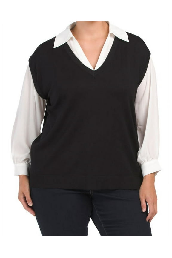 BLACK/IVORY Women's Plus Size Twofer Sweater Vest, 2X