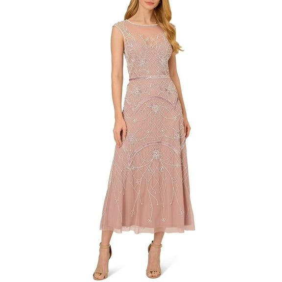 Adrianna Papell Beaded Illusion Boat Neck Sleeveless Cap Sleeve Dress