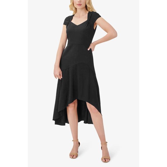 Adrianna Papell Bertha Neck Cap Sleeve Fit Flare Solid High Low Hem Crepe Dress-BLACK / 6