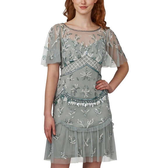Adrianna Papell Women's Dress Beaded Ruffled Sheer Flutter-Sleeve Boho Sage 6