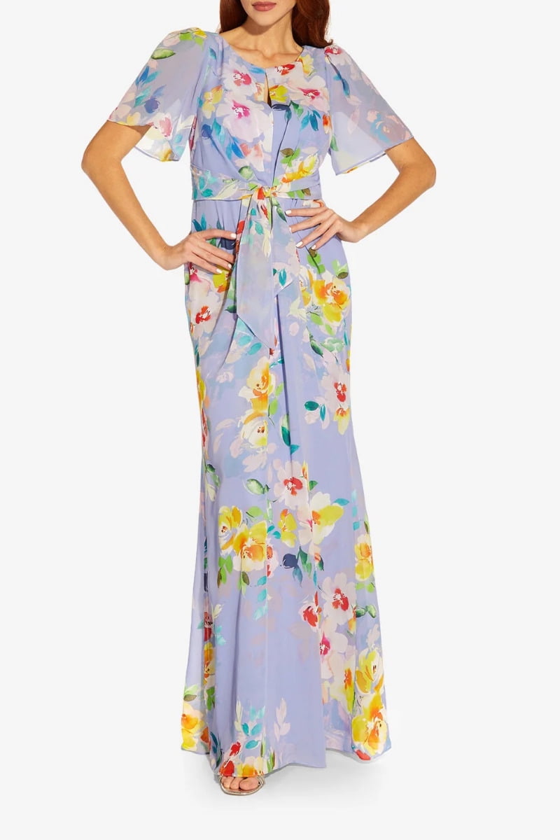 Adrianna Papell Boat Neck Short Flutter Sleeves Back Zipper Floral Chiffon  Dress-PERI MULTI - Walmart.com
