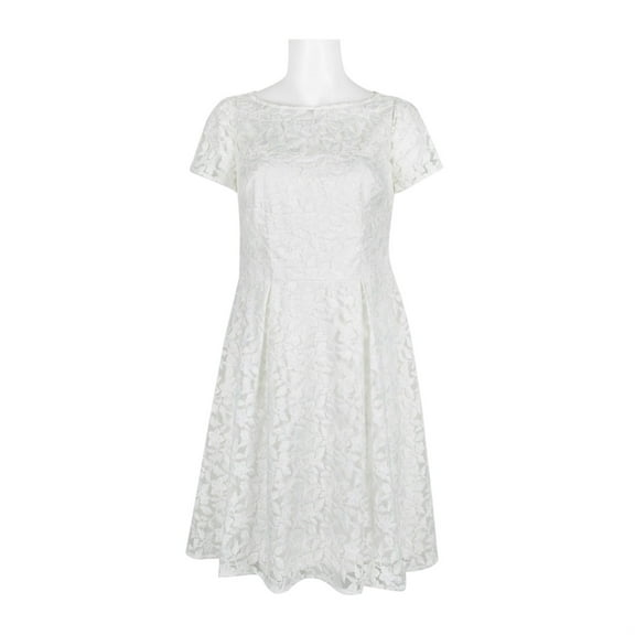 Adrianna Papell Boat Neck Short Sleeve A-Line Box Pleat Zipper Back Embroidered Dress-IVORY / 2