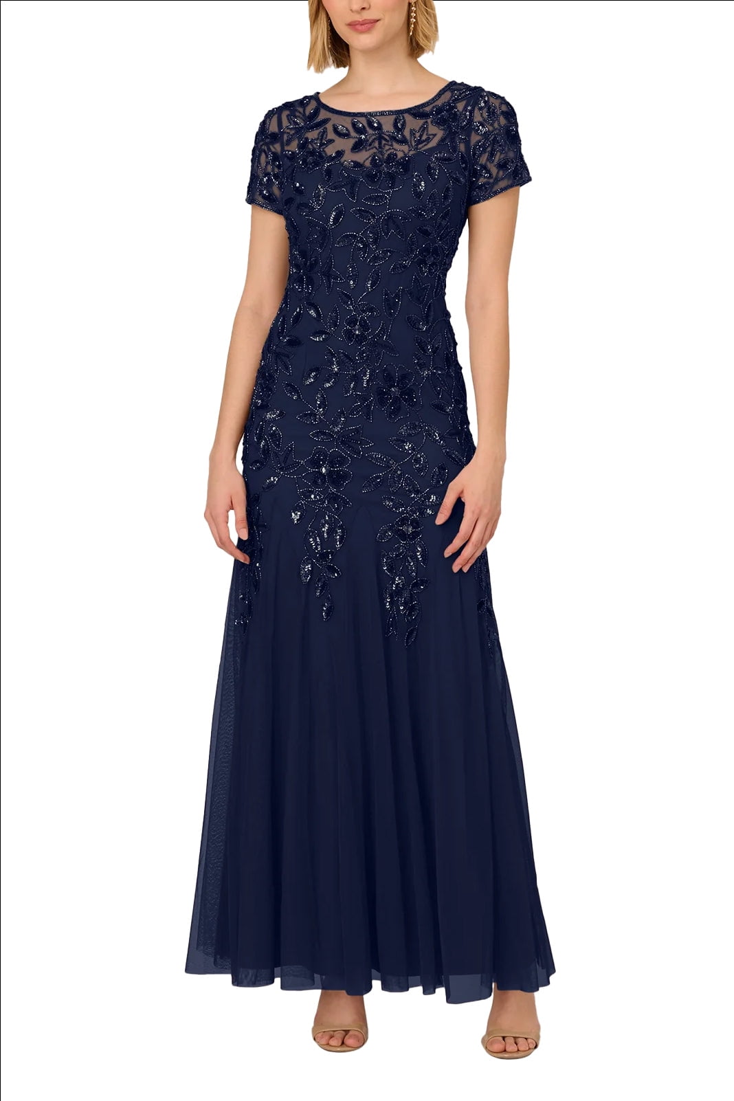 knee length dresses for ladies Adrianna Papell V-Neck Illusion Elastic Cuff Long Sleeve Slit Side Chiffon  Dress main image 0