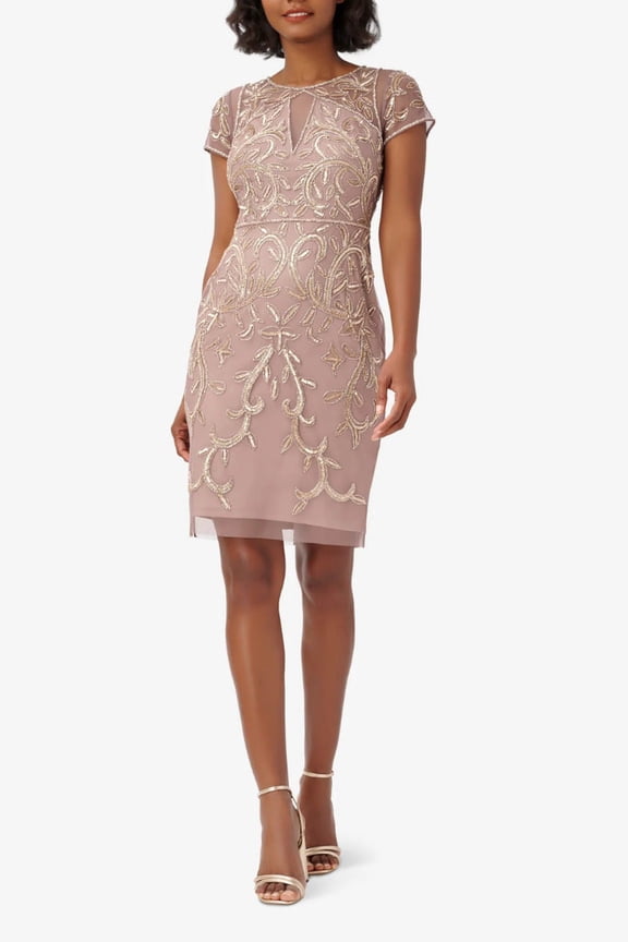 Boat Neck Short Sleeves Back Zipper Short Beaded Mesh Dress-STONE / 0