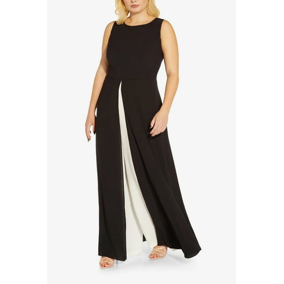 Adrianna Papell Boat Neck Sleeveless Back Zipper Jumpsuit Color: BLACK IVORY, Size: 14W