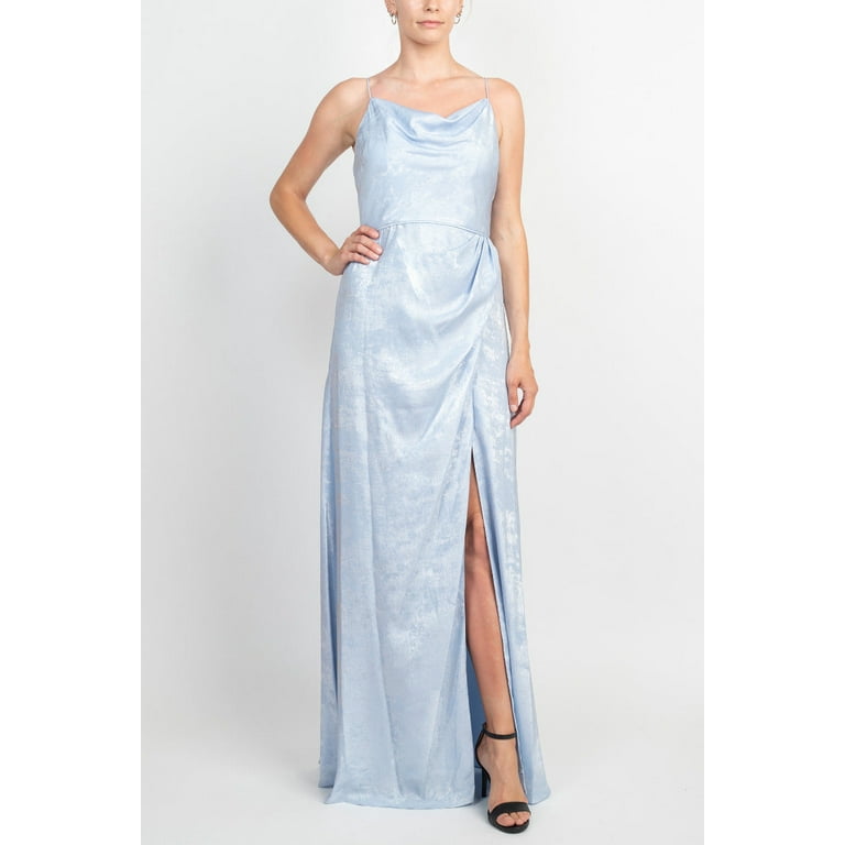 Adrianna Papell Cowl Neck Sleeveless Slit Front Gathered Side Zipper Back Metallic Crepe Dress SKY BLUE 10