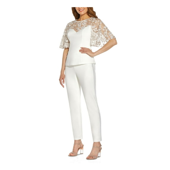 Adrianna Papell Crew Neck Bell Sleeve Zipper Back Illusion Embroidered Crepe Top-IVORY / 0