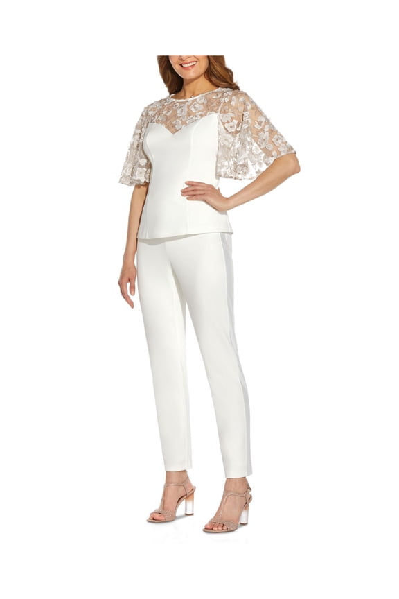 Crew Neck Bell Sleeve Zipper Back Illusion Embroidered Crepe Top-IVORY / 0