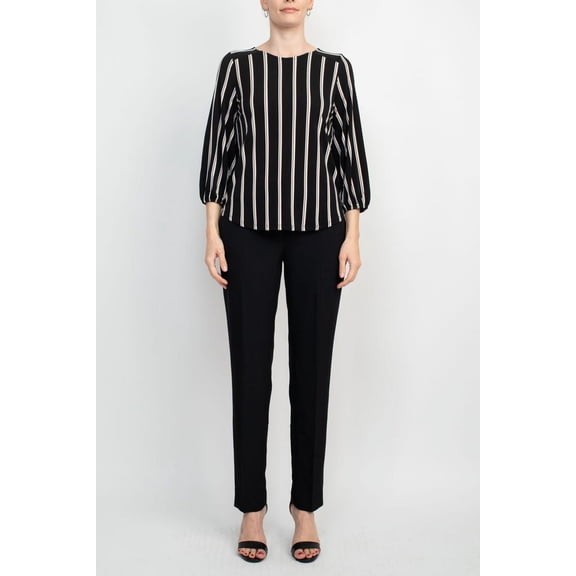 Adrianna Papell Crew Neck Long Sleeve Elastic Cuff Multi Print Keyhole Back Button Closure Knit Top-BLACK CHAMPAGNE / M