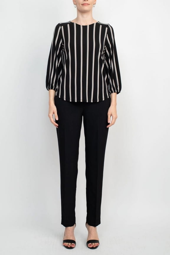 Crew Neck Long Sleeve Elastic Cuff Multi Print Keyhole Back Button Closure Knit Top-BLACK CHAMPAGNE / M