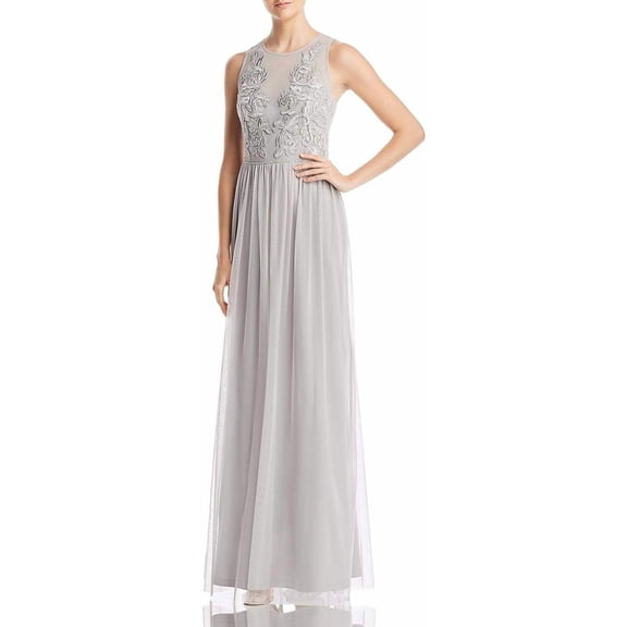 Adrianna Papell Crew Neck Sleeveless Illusion Ruched Keyhole Back Embroidered Mesh Dress-BRIDAL SILVER
