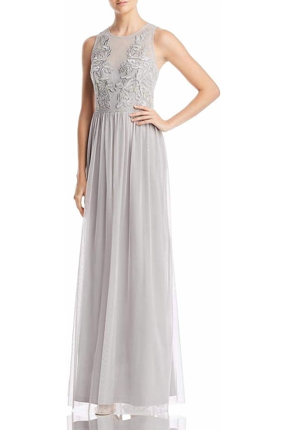 Adrianna Papell Crew Neck Sleeveless Illusion Ruched Keyhole Back Embroidered Mesh Dress-BRIDAL SILVER