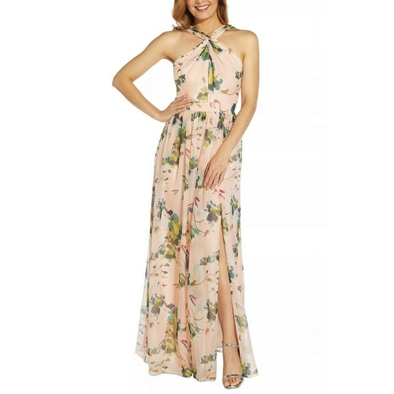 Adrianna Papell Crossed Neck Zipper Back Floral Print Chiffon Dress-BLUSH MULTI / 12