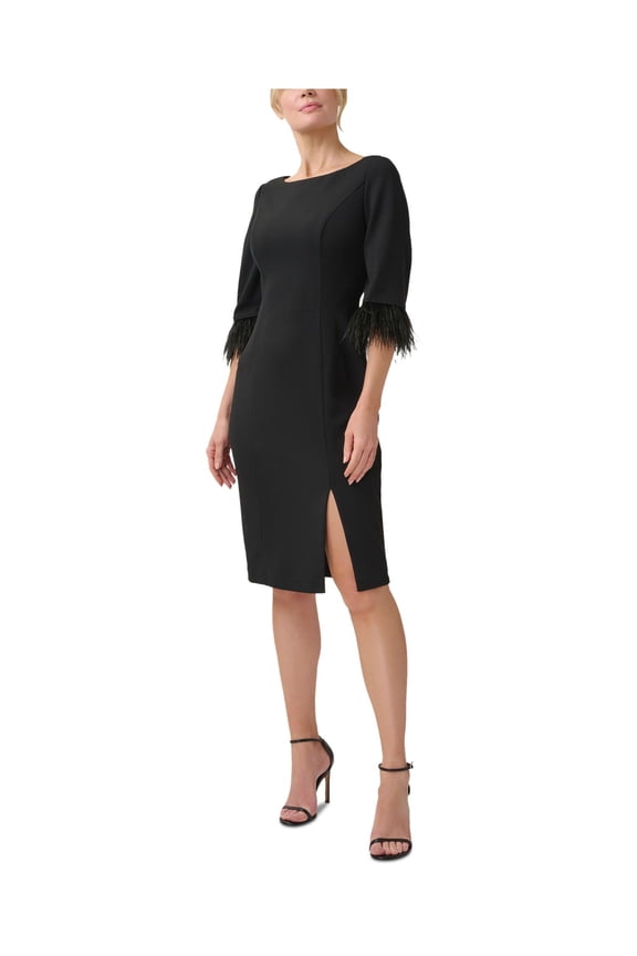 Day Boat Neck 3/4 Sleeve Feather Trim Embellishment Back Zipper Midi Dress-BLACK / 2P