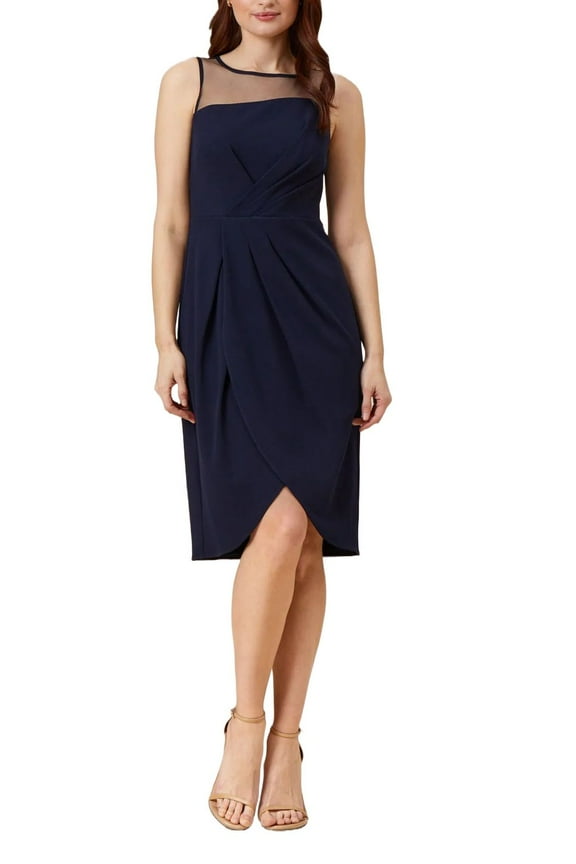 Day Stretch Knit Crepe Draped Illusion Short Faux Wrap Crepe Dress-MIDNIGHT / 4