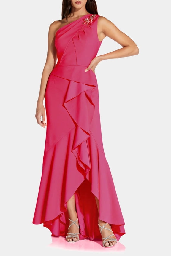 Embellished One Shoulder Pleated Sleeveless Ruffled High Low Stretch Crepe Dress-BRILLIANT FUCHSIA / 6P
