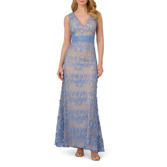 Adrianna Papell Embroidered Lace V-Neckline Sleeveless Sheath Gown Dress Color: PERI BLUE, Size: 6