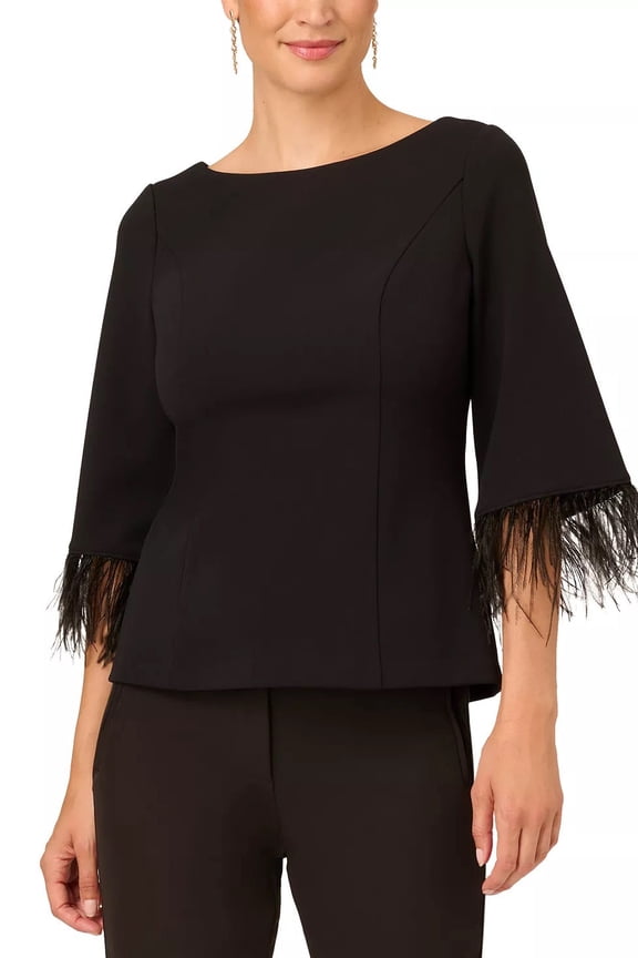 Feather-Cuff 3/4-Sleeve Crepe Top