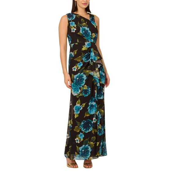 Adrianna Papell Floral Print Chiffon Asymmetrical Neck Sleeveless Front Twist Ruffle Column Dress Color: BLACK MULTI, Size: 6