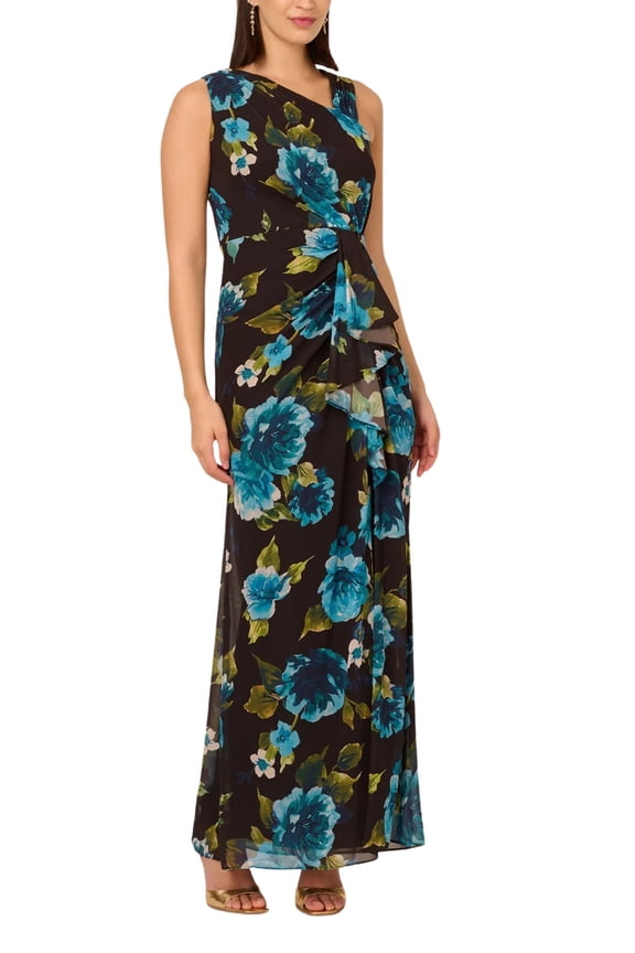Floral Print Chiffon Asymmetrical Neck Sleeveless Front Twist Ruffle Column Dress Color: BLACK MULTI, Size: 6