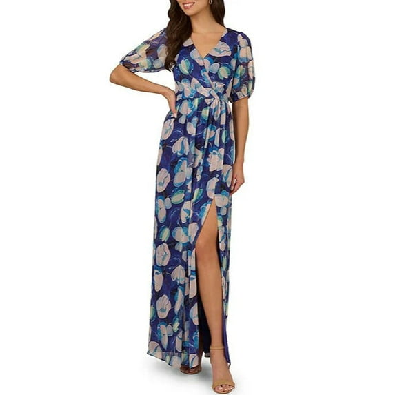 Adrianna Papell Floral Print Pleating Surplice V-Neckline Short Sleeves Elastic Cuffs Ruched Waist Seam Front Slit Chiffon Maxi Dress Color: BLUE MULTI, Size: 14