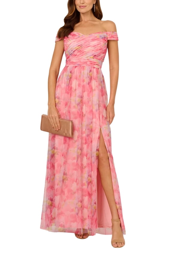 Floral Print Tulle Off-The-Shoulder A-Line Dress Color: PINK MULTI, Size: 4