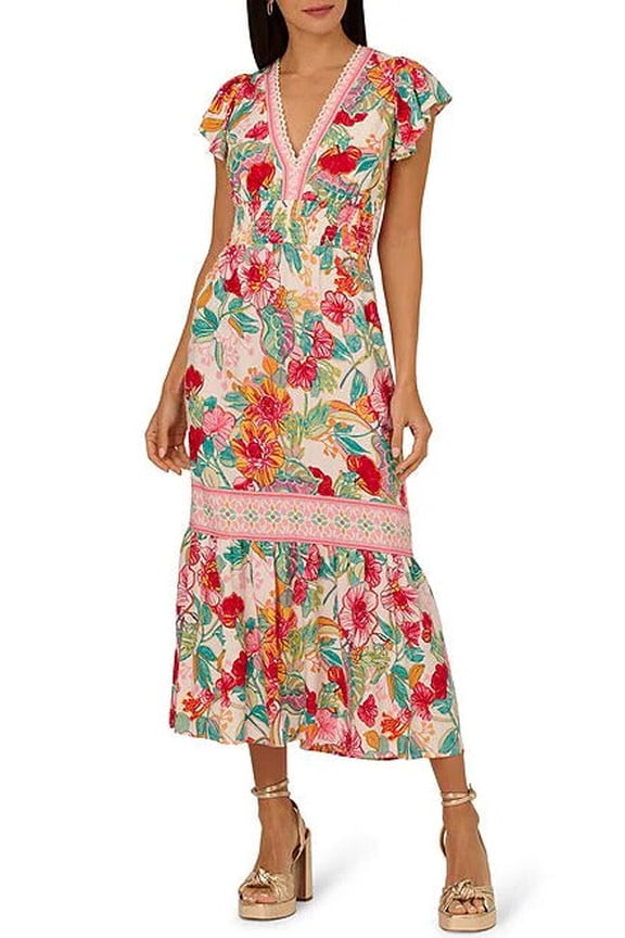 Floral V-Neckline Flutter Cap Short Sleeves Maxi Dress Color: PINK GREEN MULTI, Size: 8