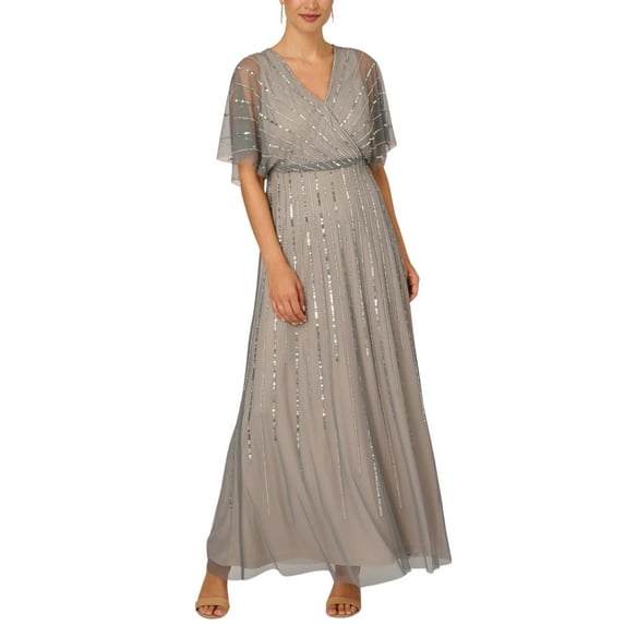 Adrianna Papell Flutter Sleeve V-Neck Surplice Blouson Beaded Gowns