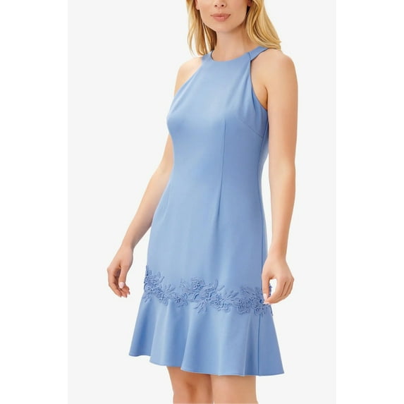 Adrianna Papell Halter Neck Sleeveless Tie Back Flounce Hem with Lace Trim Hook & Zipper Back Closure Solid Stretch Knit Crepe Dress-COOL CLOUD / 2
