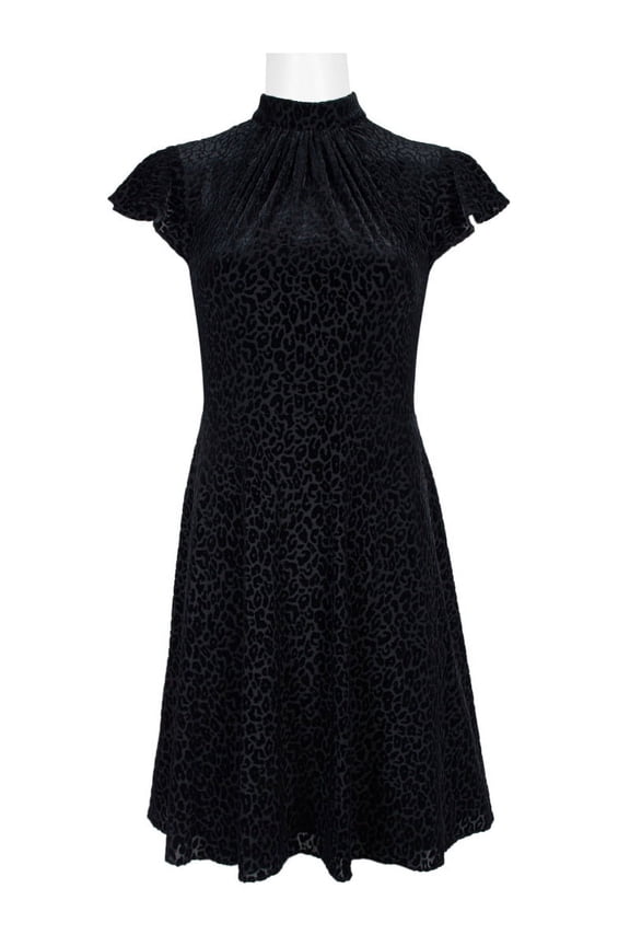 High Neck Cap Sleeve A-Line Zpper Back Burnout Dress-BLACK