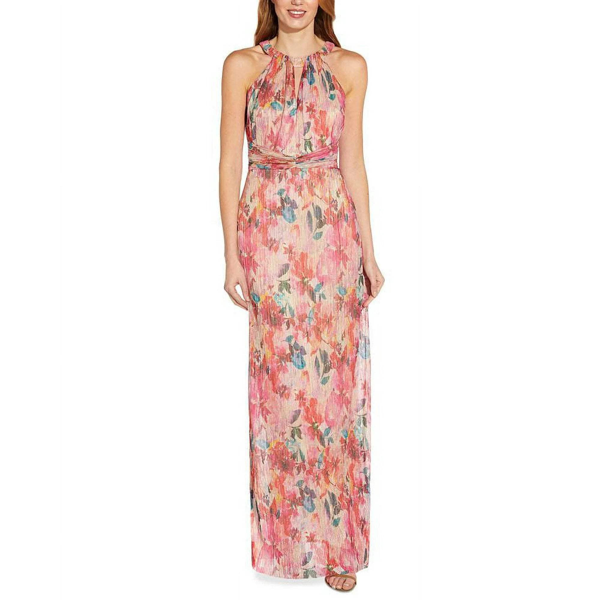 knee length dresses for ladies Adrianna Papell Metallic Mesh Draped Gown
