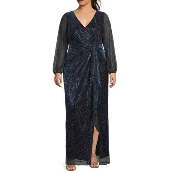 Adrianna Papell Metallic Mesh Surplice V-Neck Long Sleeve A-Line Dress ( Plus Size ) Color: GOLD BLUE, Size: 14W