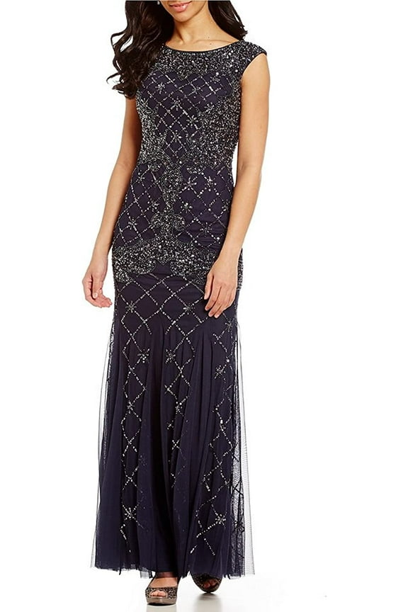 Navy Blue Beaded Godet Gown with Short Sleeves Gown Long Formal Dress, Navy - 6