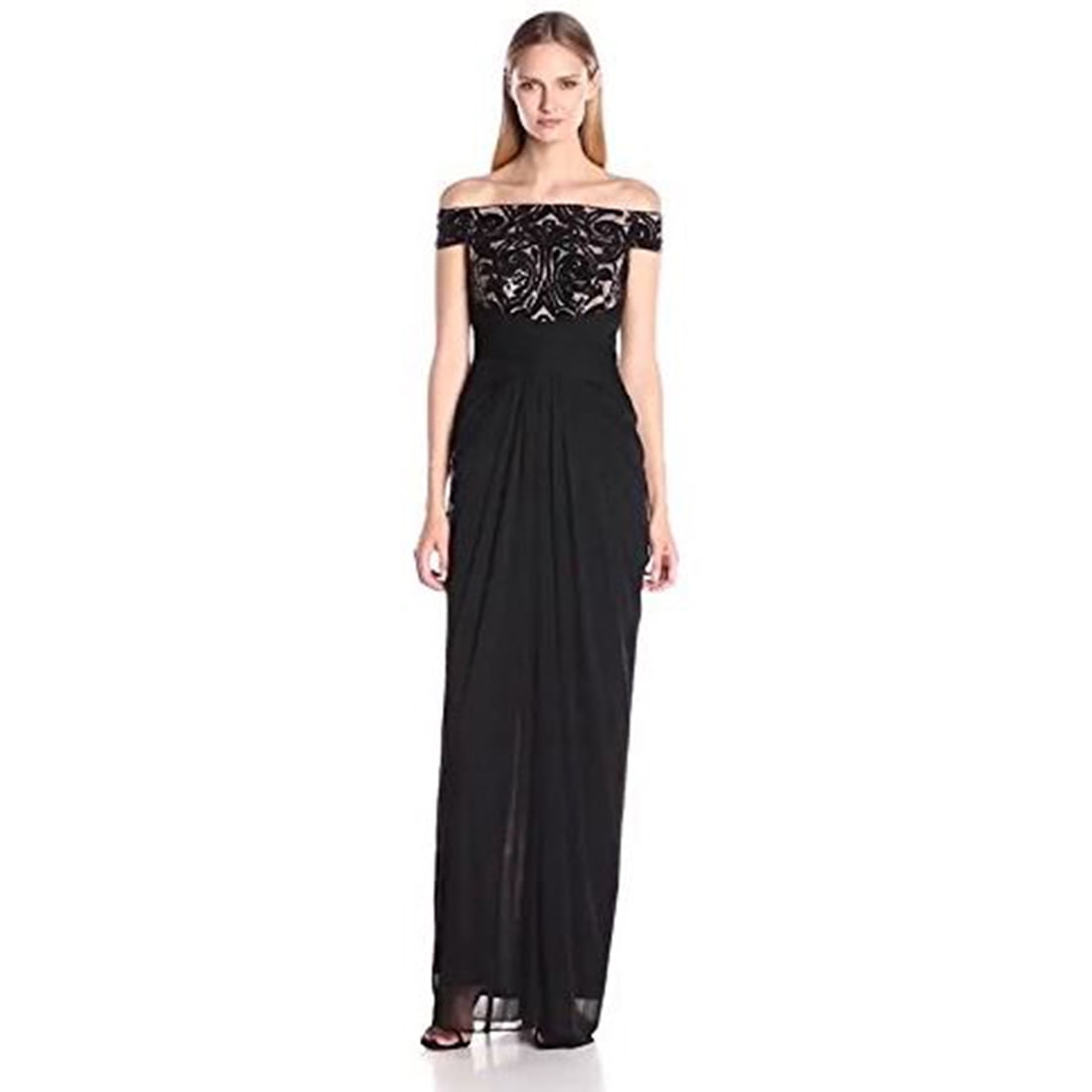 Adrianna Papell Off Shoulder Embroidered Sequin Tulle Gown Black