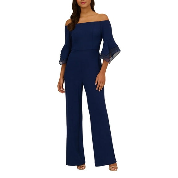 Adrianna Papell Off Shoulder Flounce Sleeve Zipper Back Jumpsuit-BLACK / 0