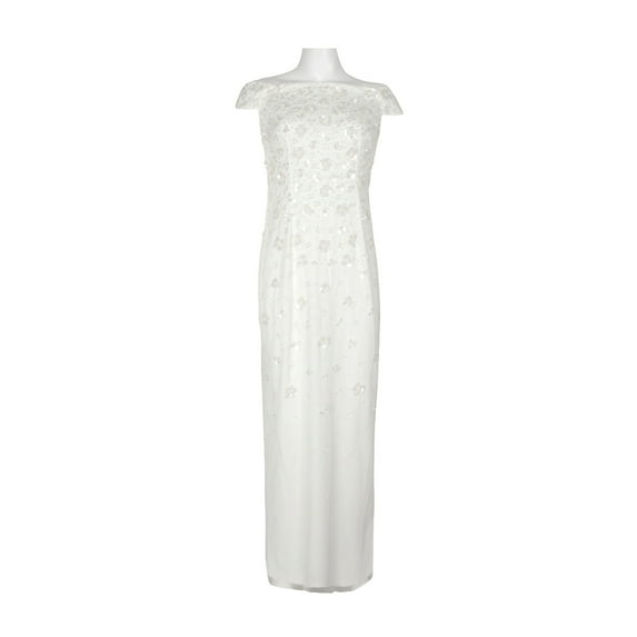 Adrianna Papell Off-Shoulder Zipper Back Sequined Beaded Column Mesh Dress-IVORY / 0