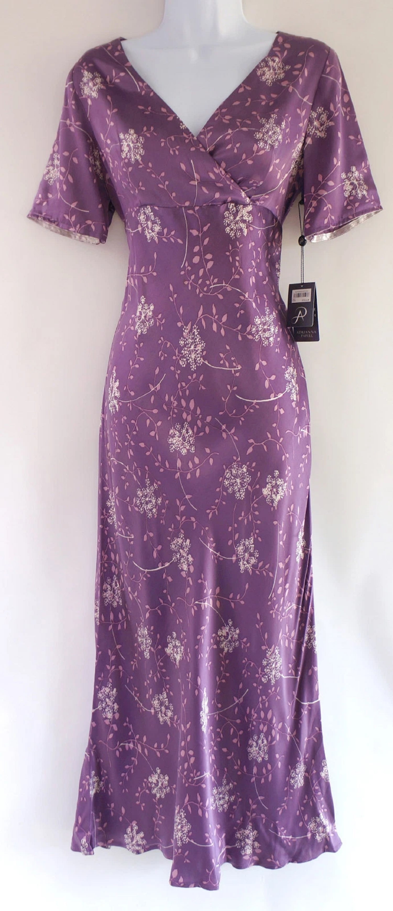 adrianna papell purple floral dress ADRIANNA PAPELL Floral Tulle Pearl Straps Midi Dress Purple White Multi  Size 6