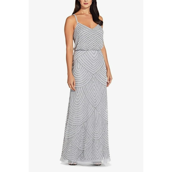 Adrianna Papell Spaghetti Strap V-Neck Blouson Zipper Back Embellished Mesh Dress-BRIDAL SILVER / 4