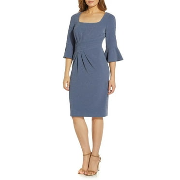 Adrianna Papell Square Neck 3/4 Bell Sleeves Back Zipper Short Metallic Knit Dress-STEEL BLUE / 0