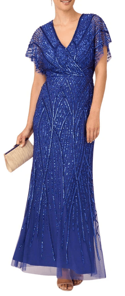 Adrianna Papell ULTRA BLUE Women's Embellished Flutter-Sleeve Gown, US ...