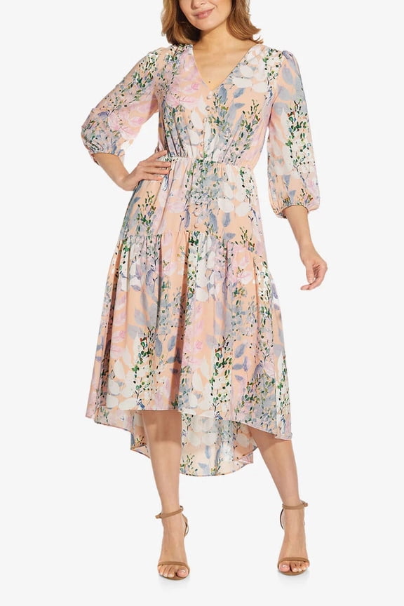 V- Neck Back Zipper 3-4 Sleeves Elastic Waist High- Low Hem Midi Dress-BLUSH MULTI / 10