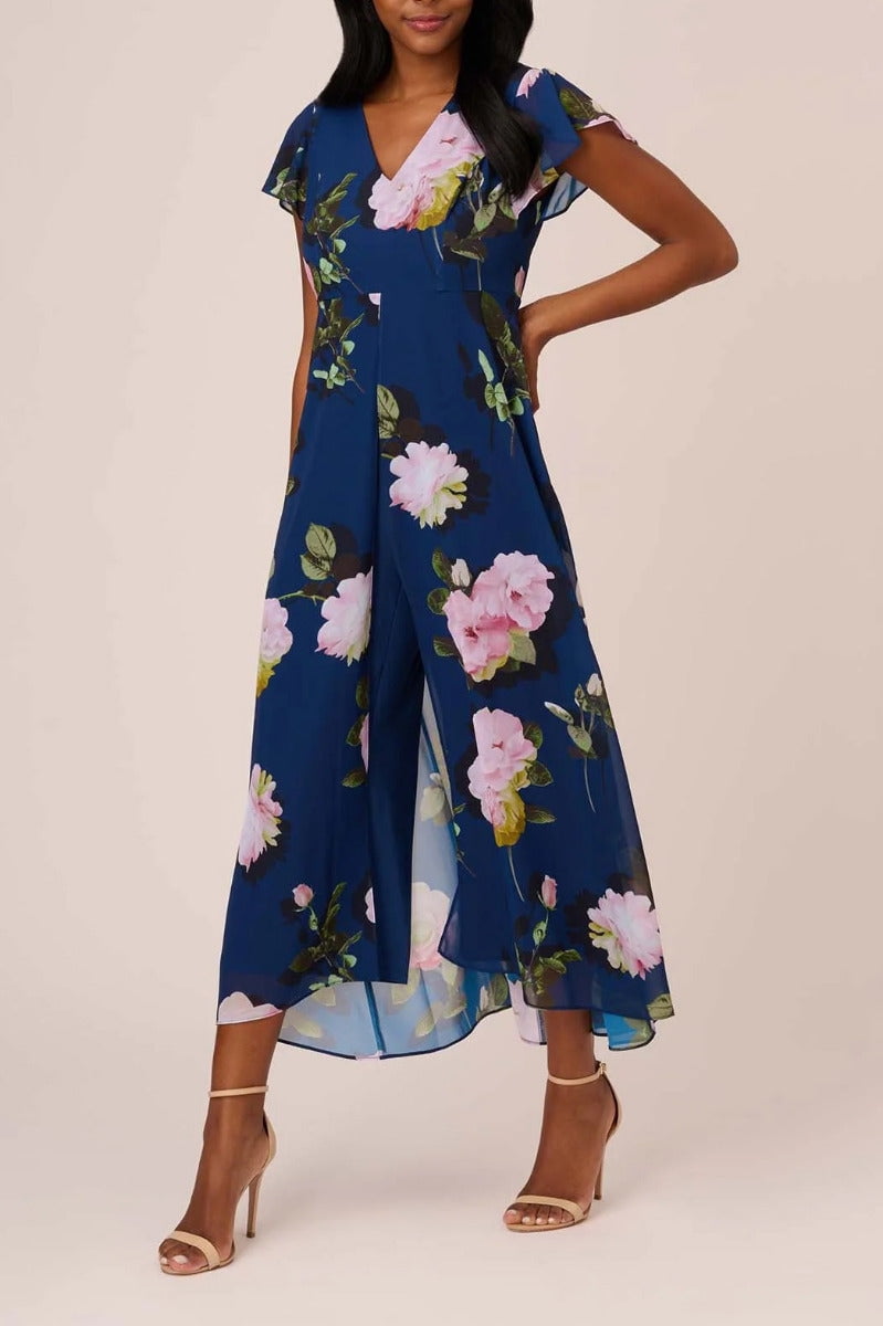 Chic V-neck Floral Applique Chffion Jumpsuit Moss