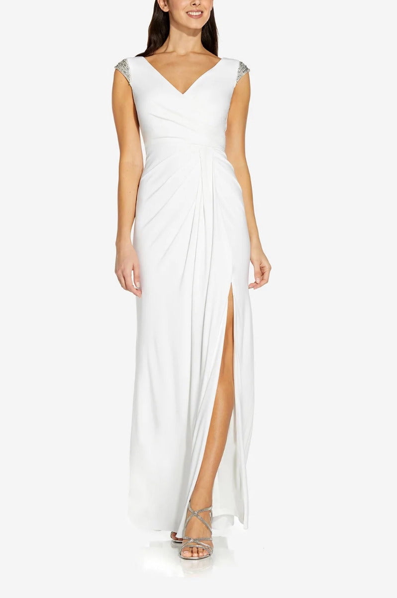 Adrianna Papell V Neck Embellished Shoulder Cap Sleeve Gathered Side Zipper Back Ruched Back Jersey Dress IVORY 6