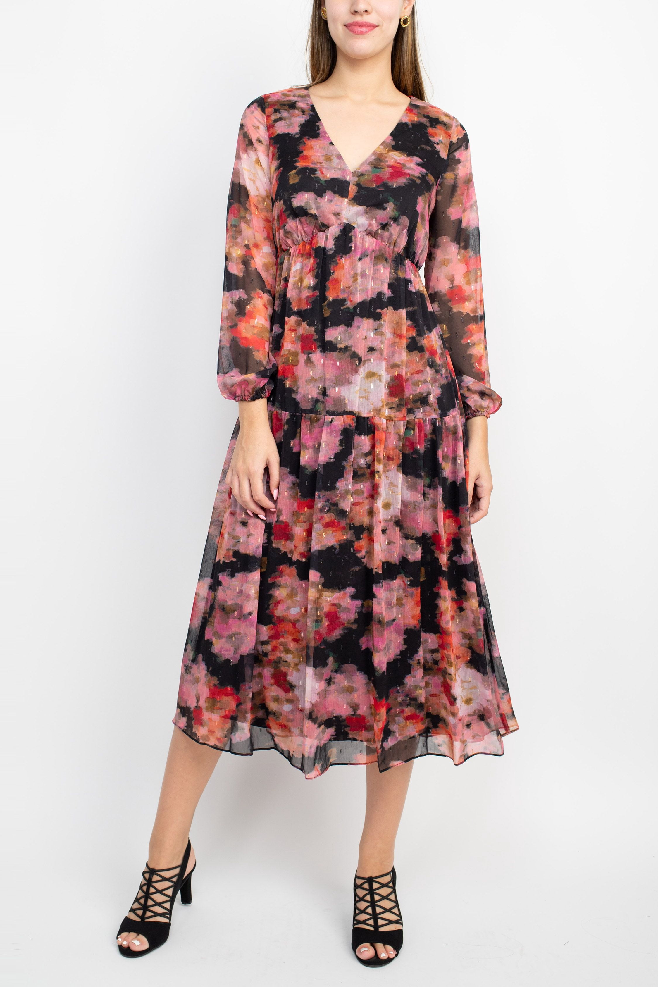 Adrianna Papell V-Neck Long Sleeve Floral Print Empire Waist Tiered Chiffon Dress-PINK / 16 - Walmart.com Adrianna Papell V-Neck Long Sleeve Floral Print Empire Waist Tiered Chiffon Dress-PINK / 16 - Walmart.com