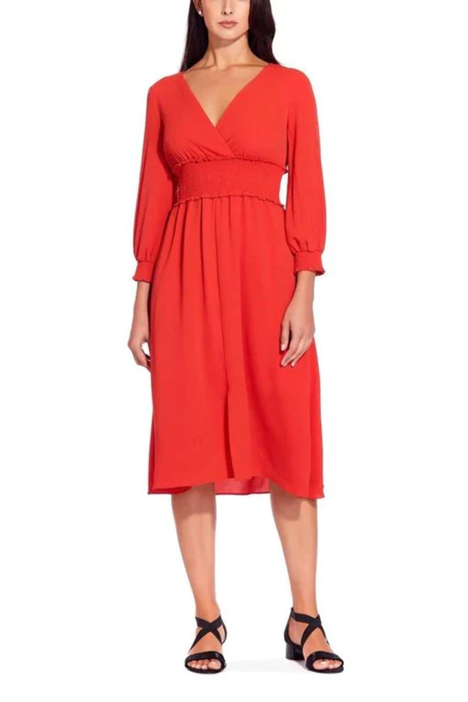 Adrianna Papell V-Neck Long Sleeve Ruched Flutter Solid Polyester Dress-BURNT  ORANGE / 2 - Walmart.com