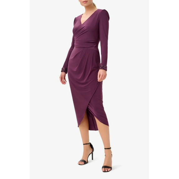 Adrianna Papell V Neck Long Sleeves Beaded Cuffs Back Zipper Jersey Midi Dress-RICH SHIRAZ / 2