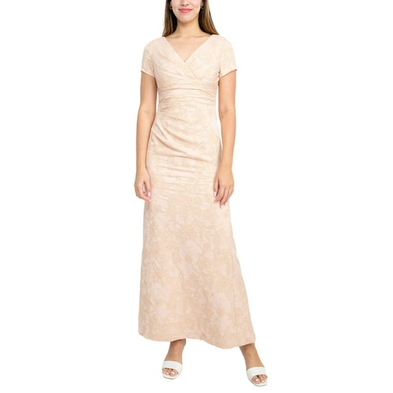 Adrianna Papell V-Neck Short Sleeve Pleated Gathered Side Zipper Back Matelasse Dress-BLUSH GOLD / 2