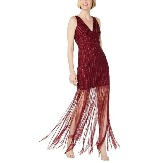 Adrianna Papell V-Neck Zipper Back Illusion Embellished Mesh Dress-RUBY / 6